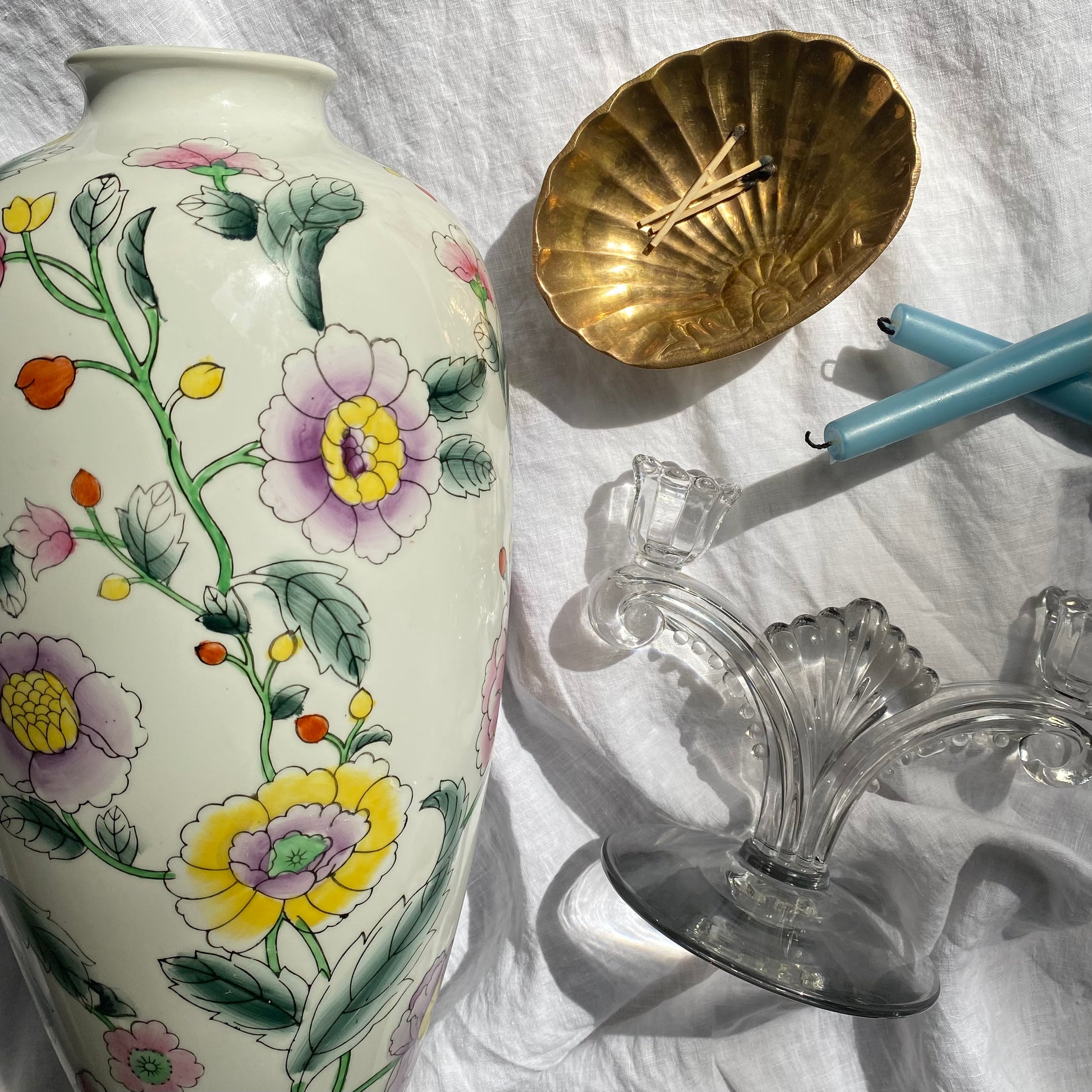 Vintage Tall White Hand-Painted Chinese Floral Vase