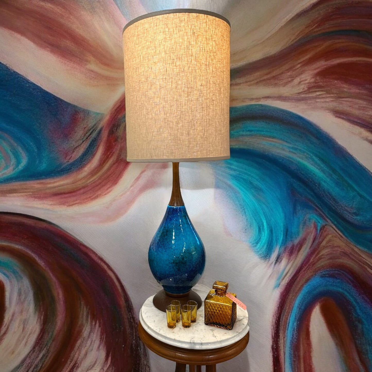Vintage lue Speckled Glazed Ceramic and Teak Lamp