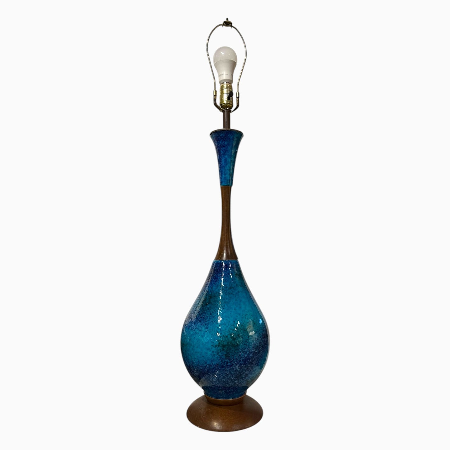 BLUE CERAMIC AND TEAK LAMP