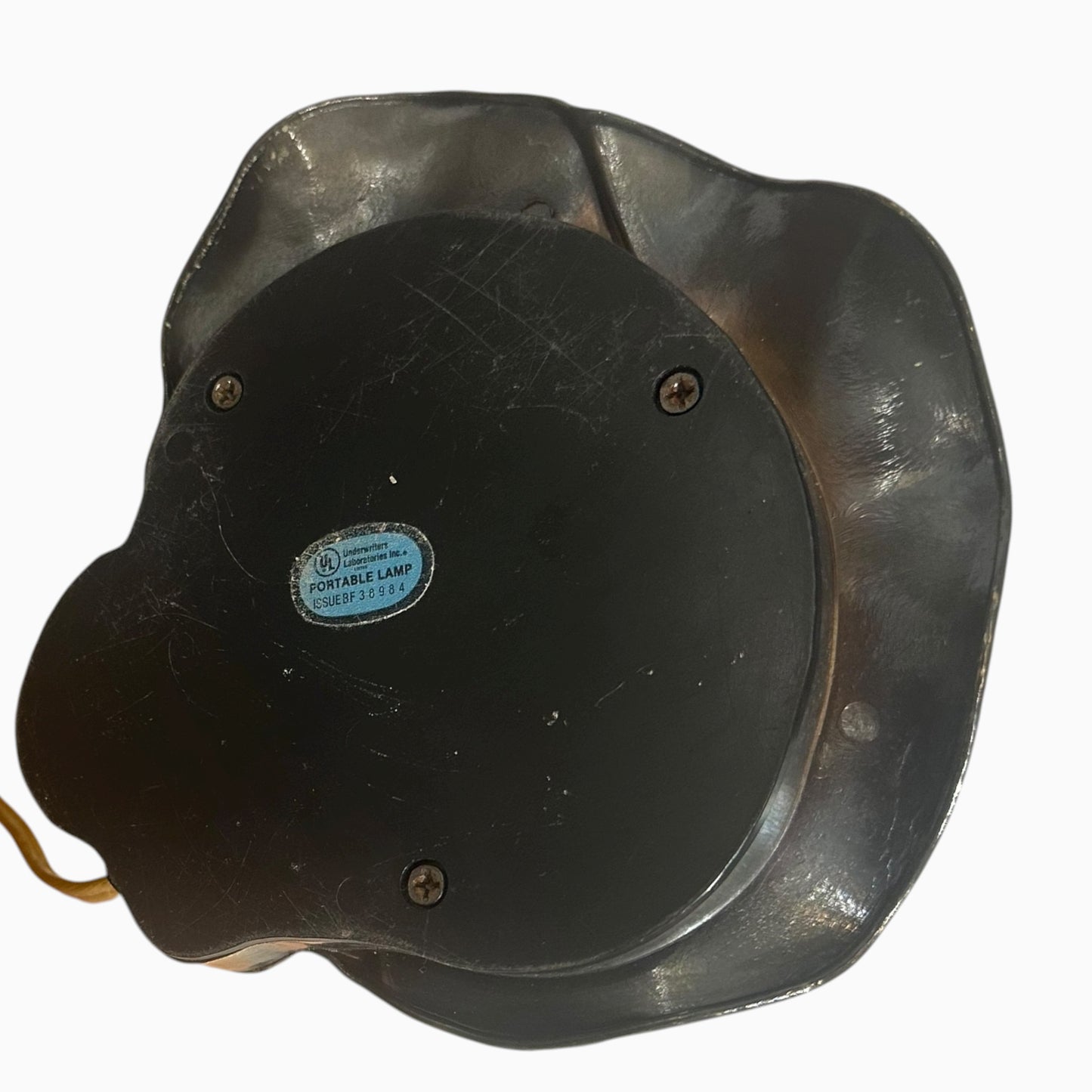 Vintage double gooseneck lily pad lamp with metallic base and frosted glass shades