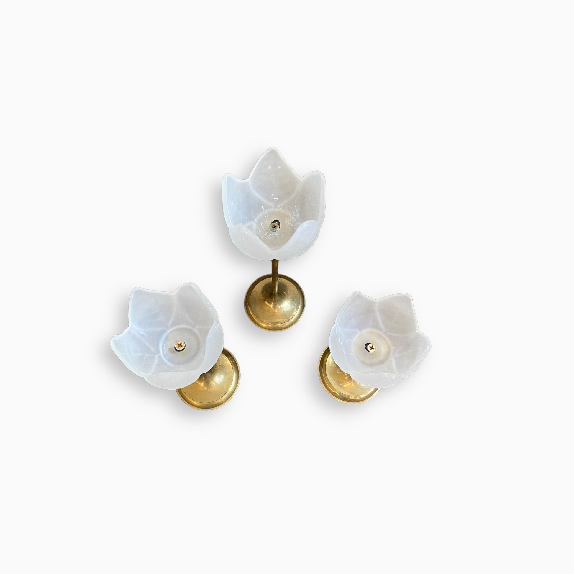 Set of Vintage Tulip Flower Candle Holders - Frosted Glass and Brass