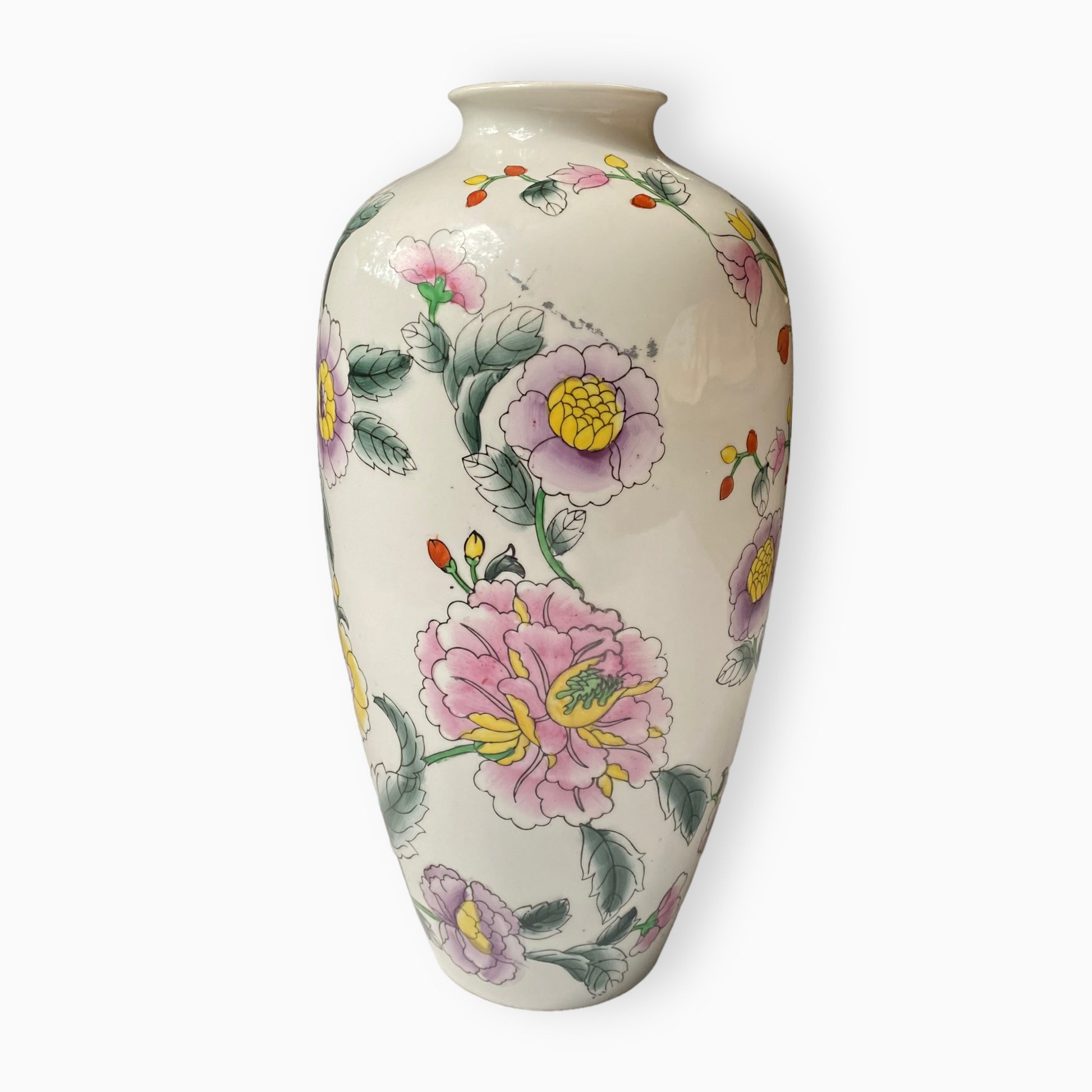 Vintage Tall White Hand-Painted Chinese Floral Vase