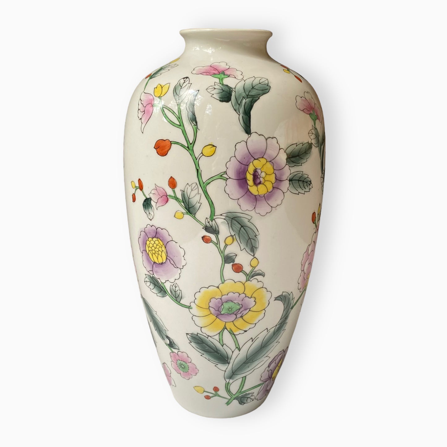 Vintage Tall White Hand-Painted Chinese Floral Vase