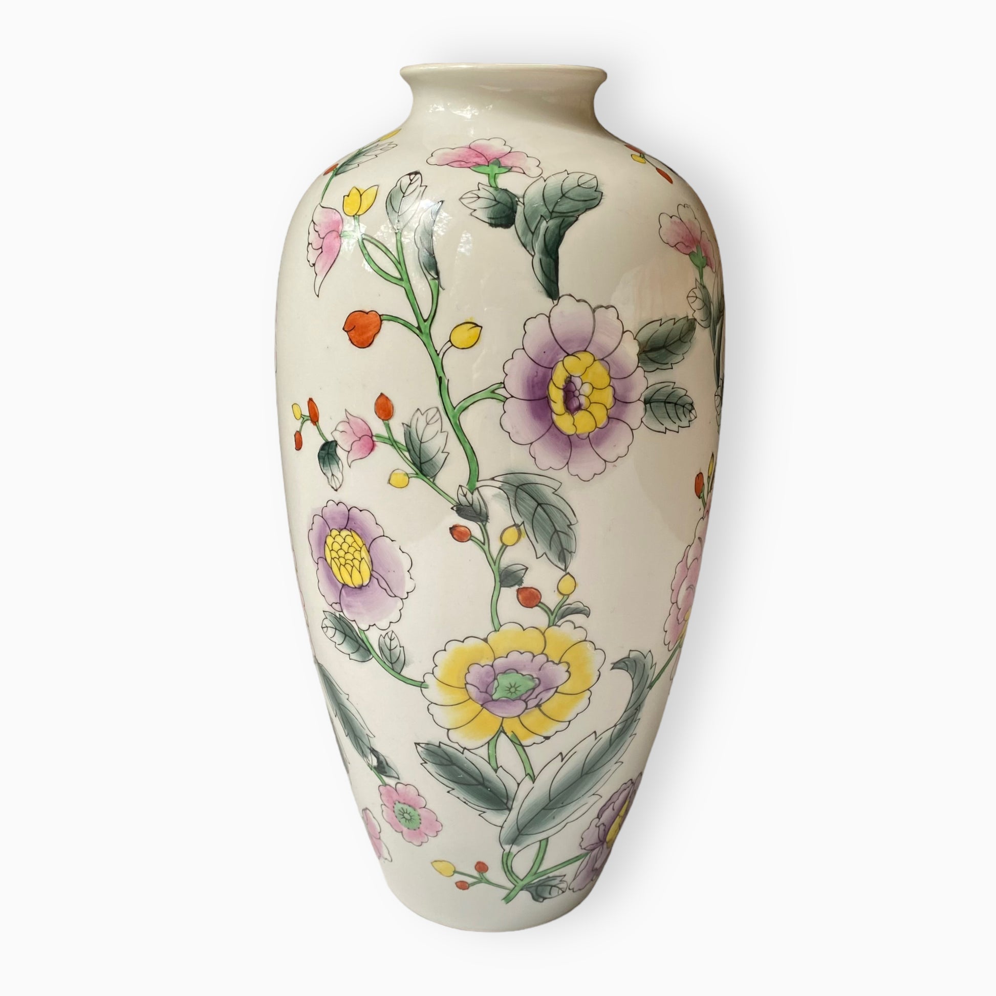 Vintage Tall White Hand-Painted Chinese Floral Vase