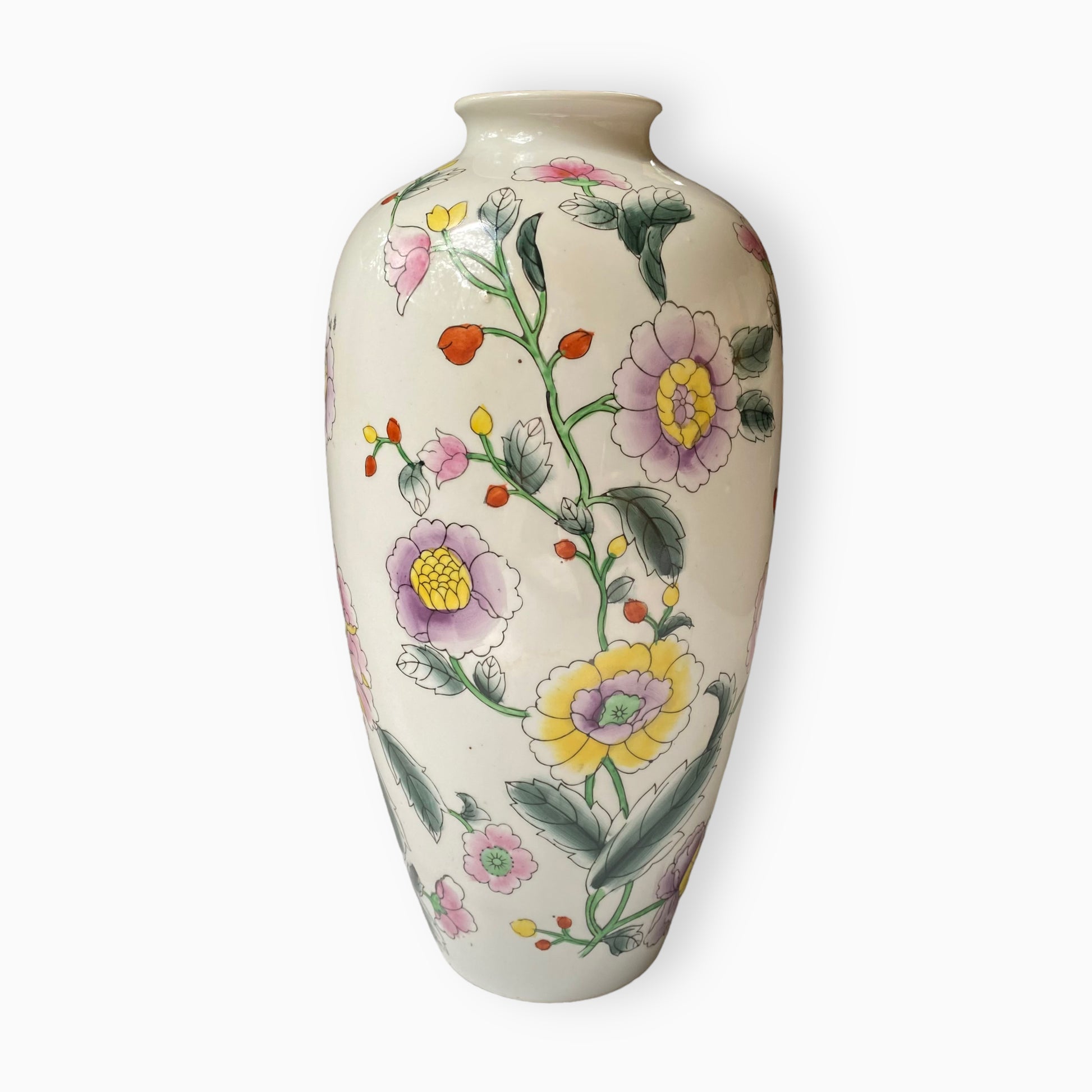 Vintage Tall White Hand-Painted Chinese Floral Vase