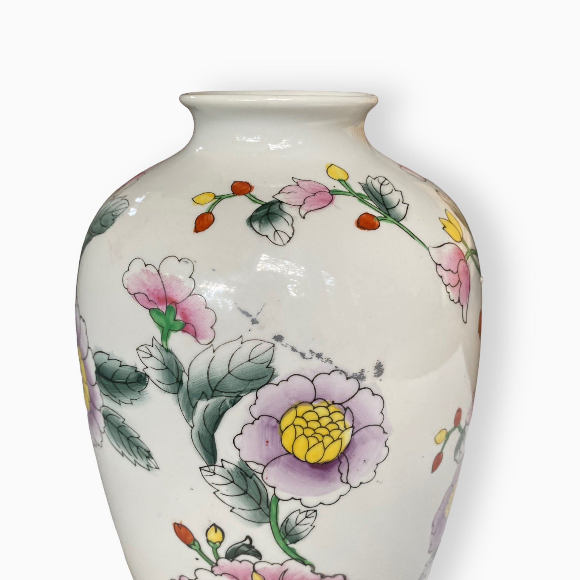 Vintage Tall White Hand-Painted Chinese Floral Vase