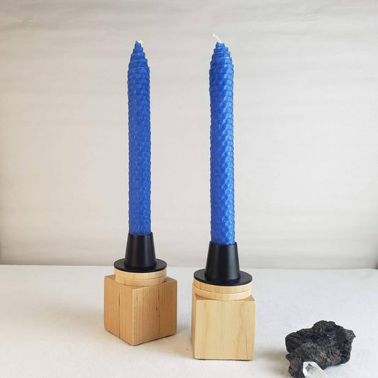 HONEY BRASS -- COBALT BLUE BEESWAX TAPER CANDLES