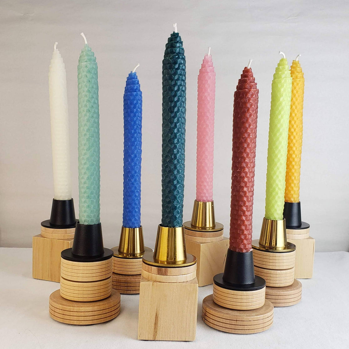 HONEY BRASS -- CARNATION PINK BEESWAX TAPER CANDLES