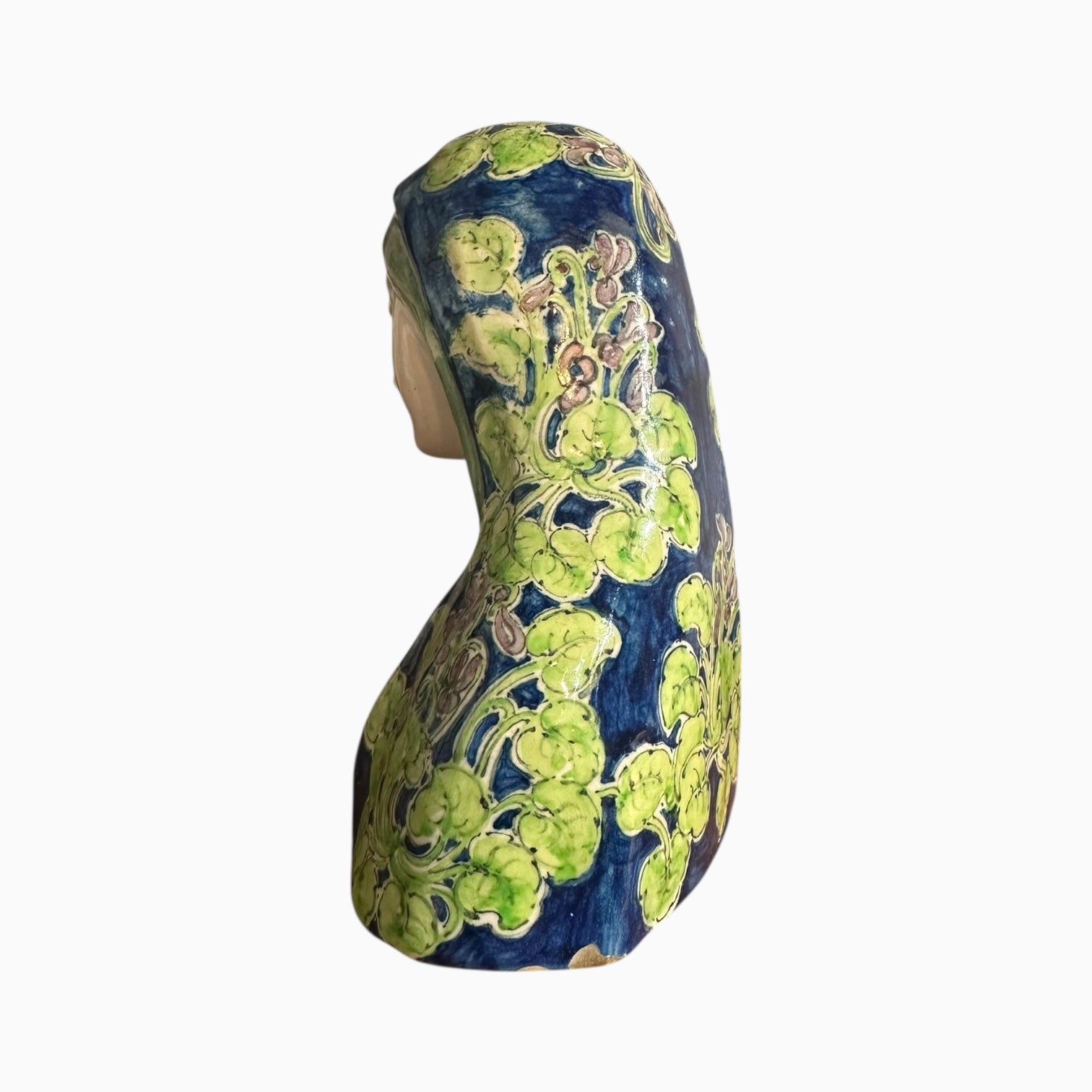 Antique ceramic majolica Madonna Virgin Mary bust made by Angelo Minghetti of Bologna, Italy.