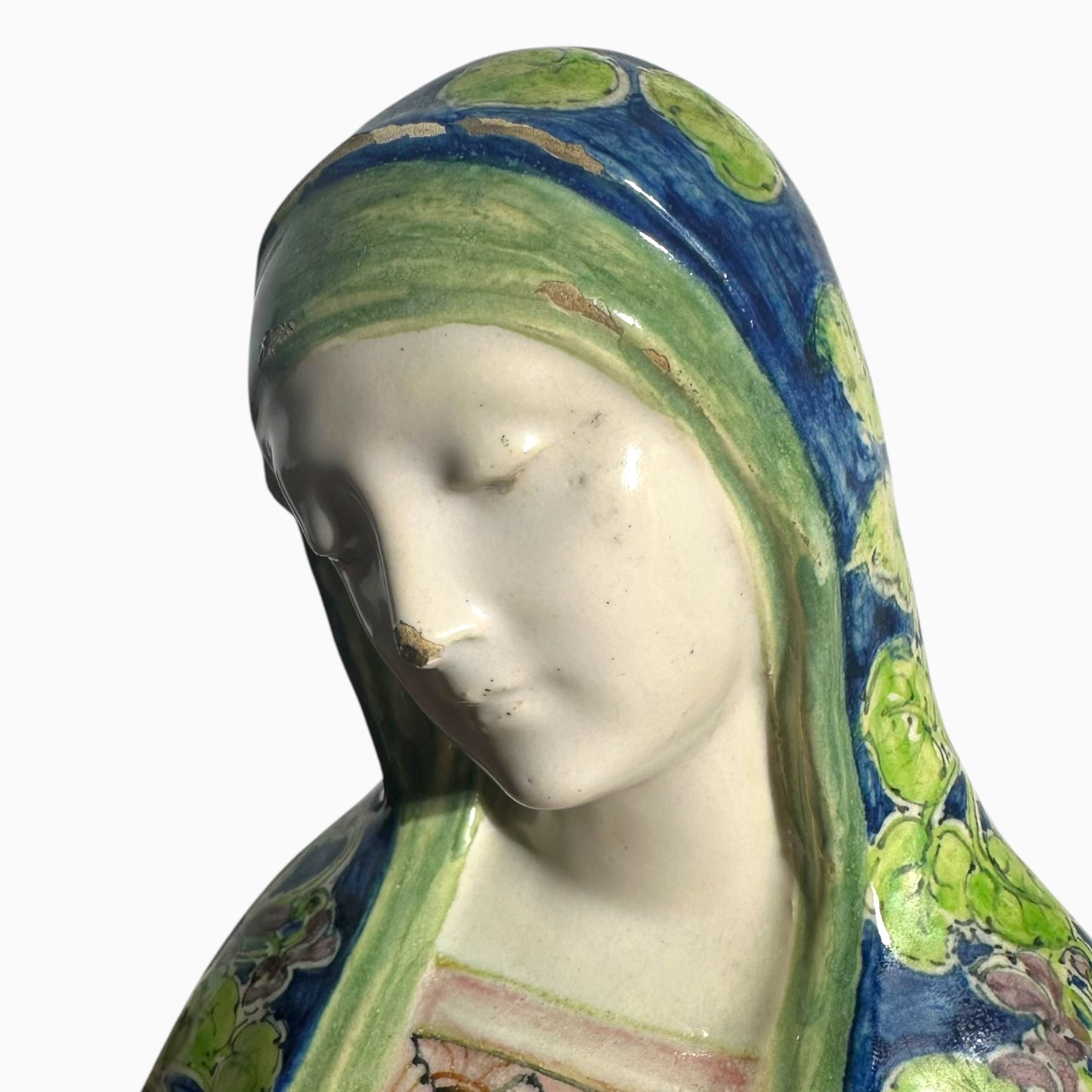 Antique ceramic majolica Madonna Virgin Mary bust made by Angelo Minghetti of Bologna, Italy.