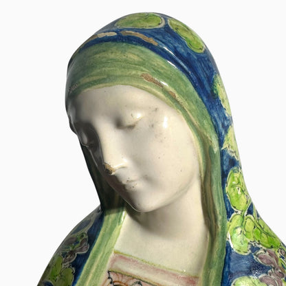 Antique ceramic majolica Madonna Virgin Mary bust made by Angelo Minghetti of Bologna, Italy.