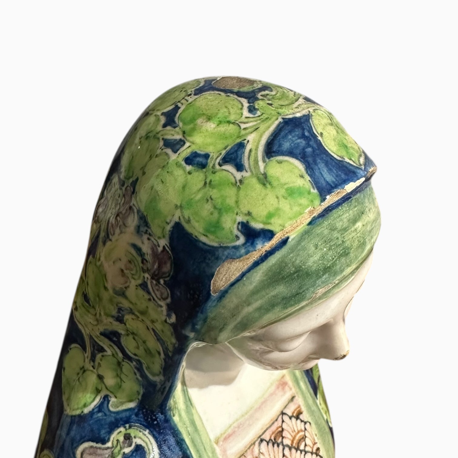Antique ceramic majolica Madonna Virgin Mary bust made by Angelo Minghetti of Bologna, Italy.