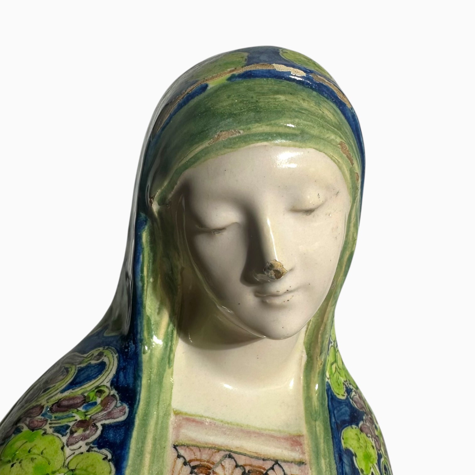 Antique ceramic majolica Madonna Virgin Mary bust made by Angelo Minghetti of Bologna, Italy.