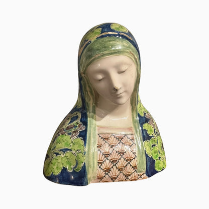 Antique ceramic majolica Madonna Virgin Mary bust made by Angelo Minghetti of Bologna, Italy.