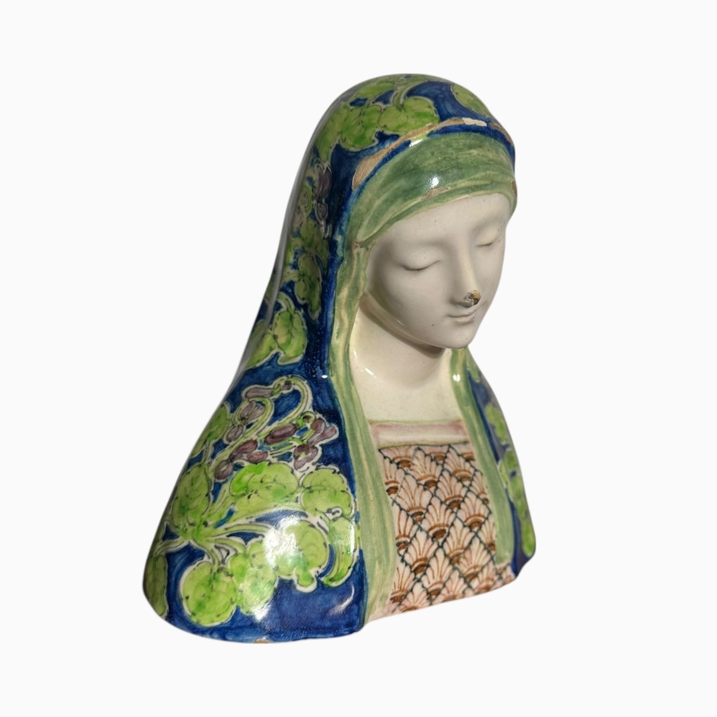 Antique ceramic majolica Madonna Virgin Mary bust made by Angelo Minghetti of Bologna, Italy.