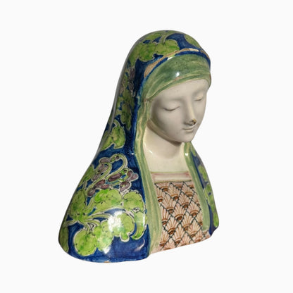 Antique ceramic majolica Madonna Virgin Mary bust made by Angelo Minghetti of Bologna, Italy.