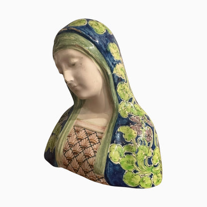 Antique ceramic majolica Madonna Virgin Mary bust made by Angelo Minghetti of Bologna, Italy.