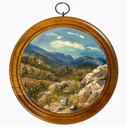 Circular Oil on Wood Landscape 
