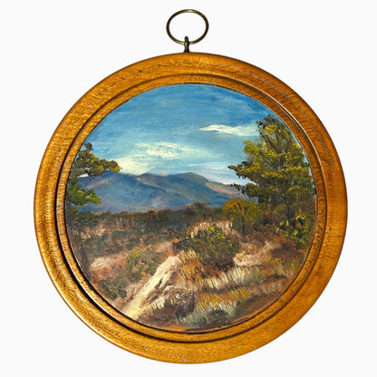 Circular Oil on Wood Landscape 