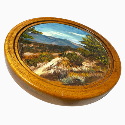 Circular Oil on Wood Landscape 