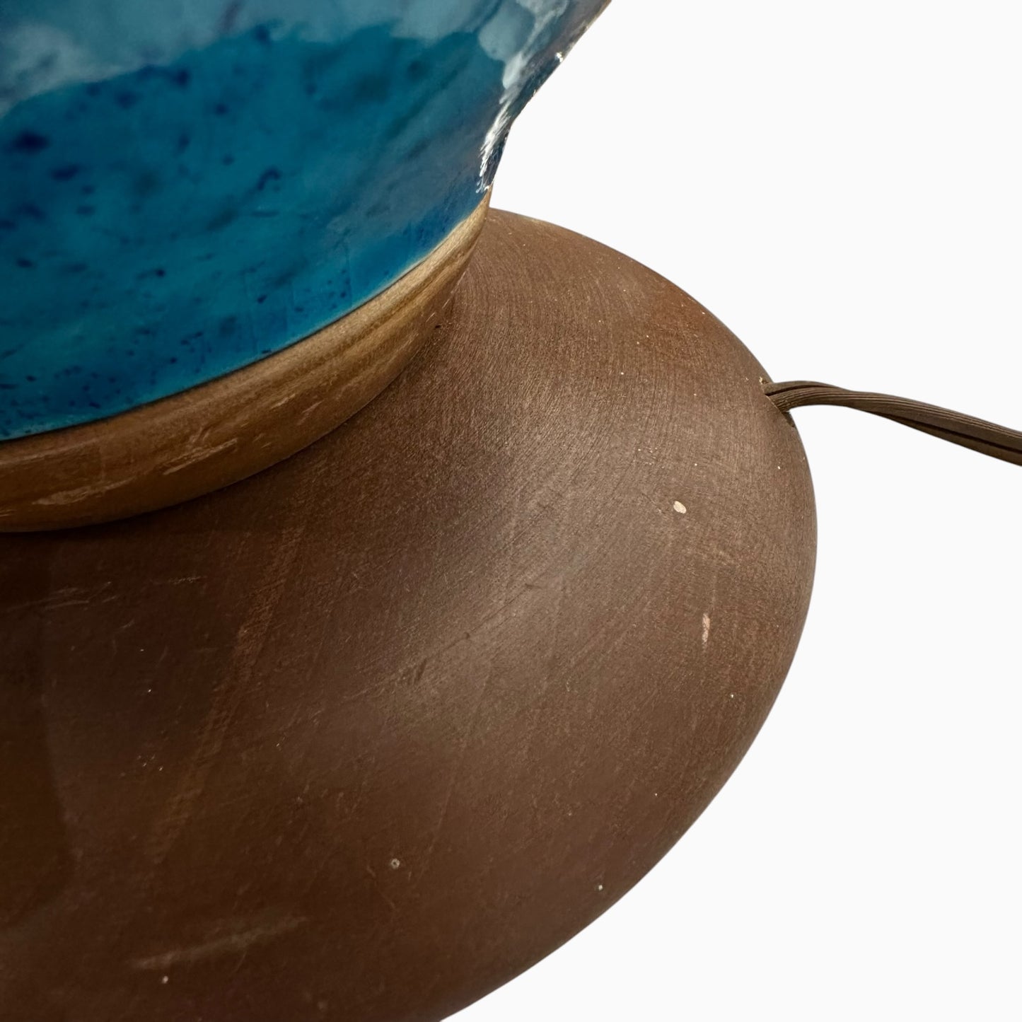 BLUE CERAMIC AND TEAK LAMP