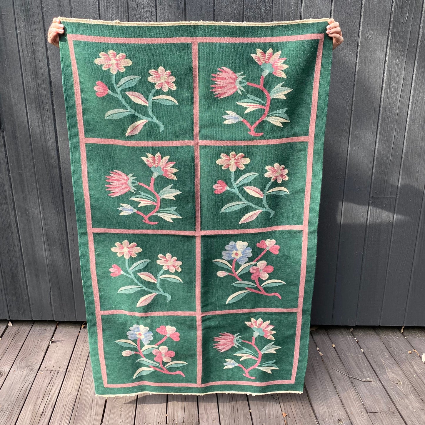 GREEN AND PINK FLORAL KILIM RUG