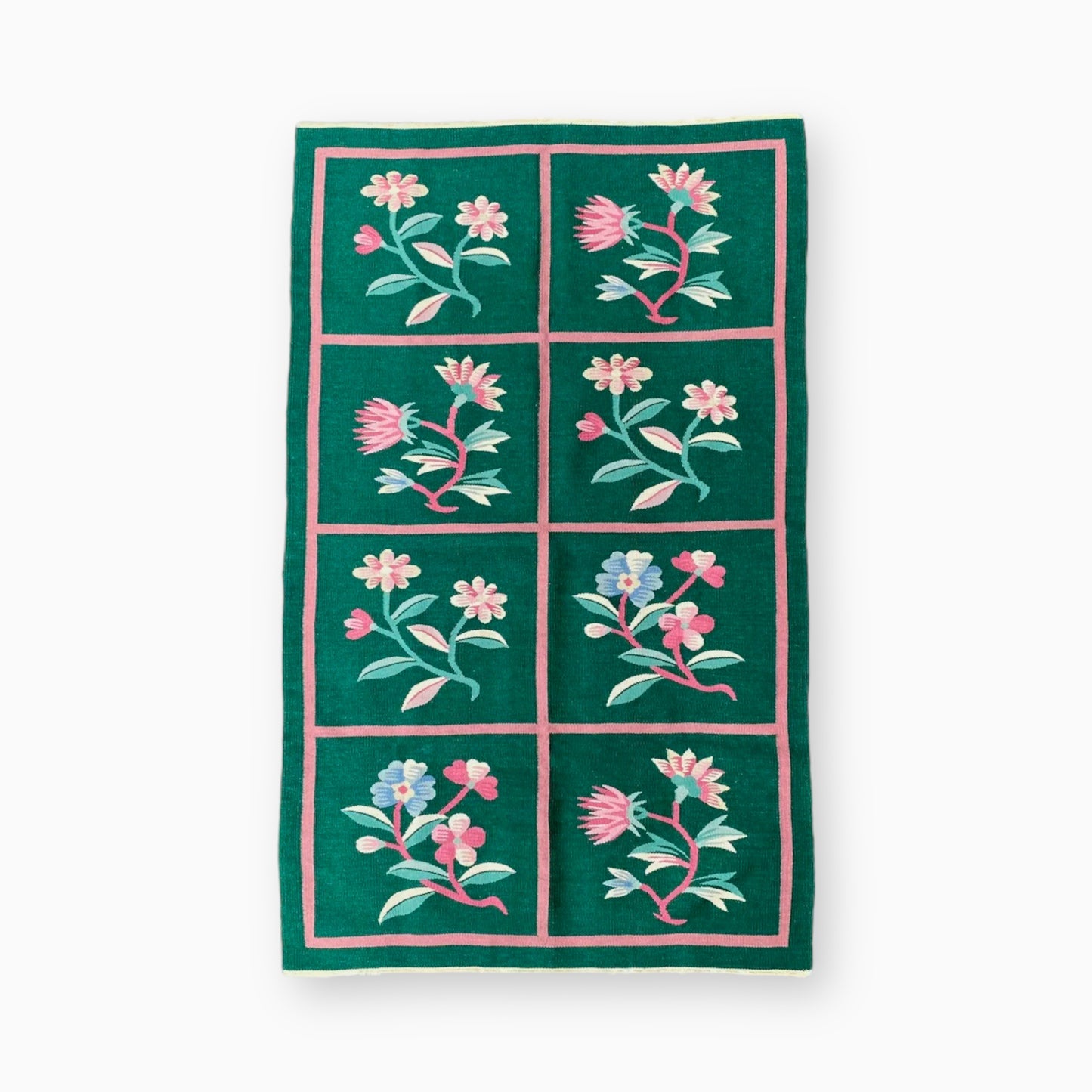 GREEN AND PINK FLORAL KILIM RUG