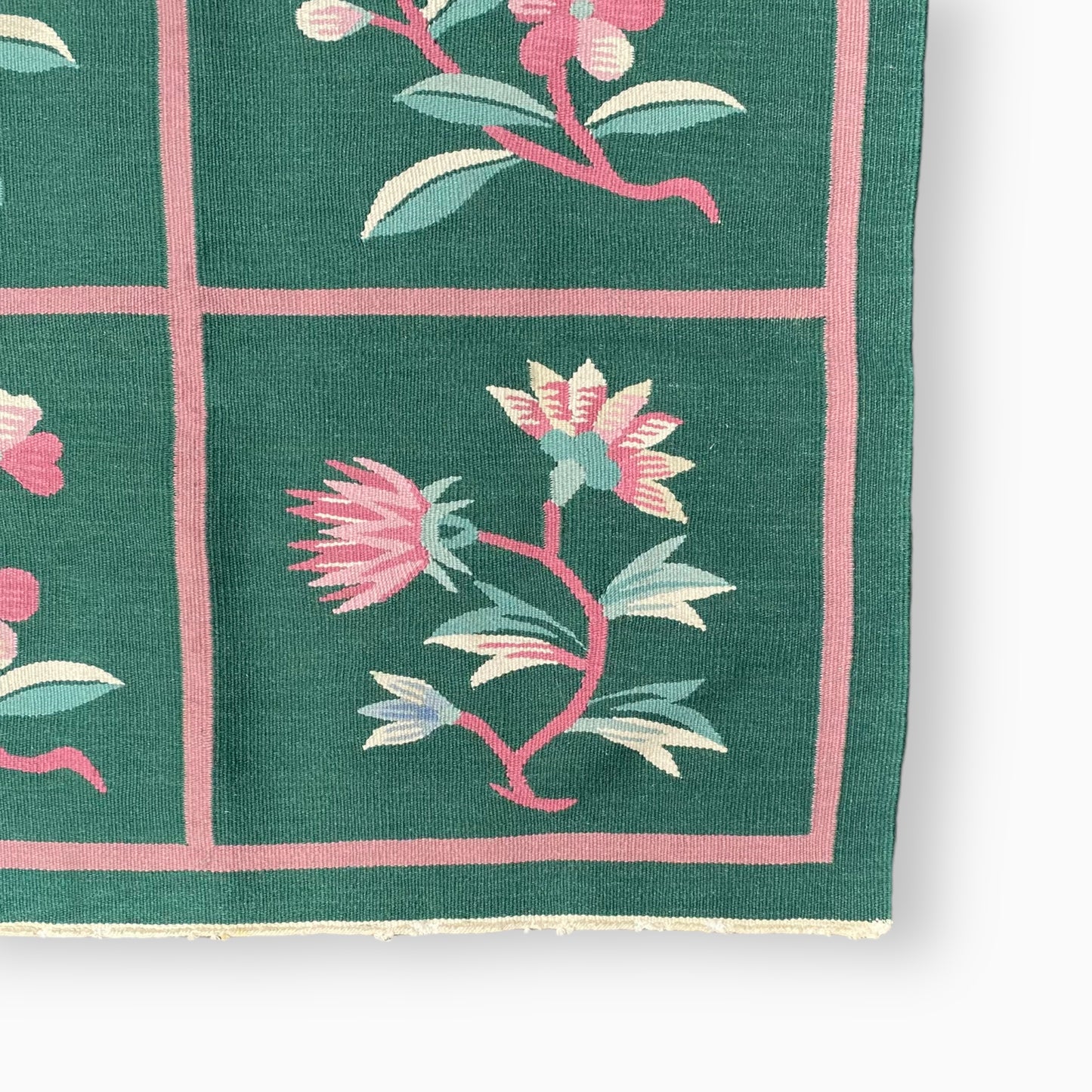 GREEN AND PINK FLORAL KILIM RUG