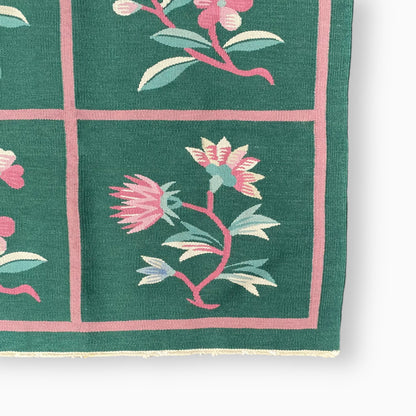 GREEN AND PINK FLORAL KILIM RUG