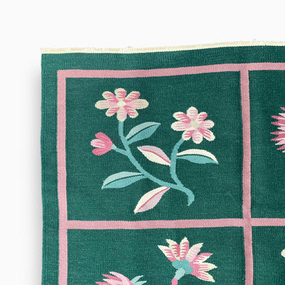 GREEN AND PINK FLORAL KILIM RUG