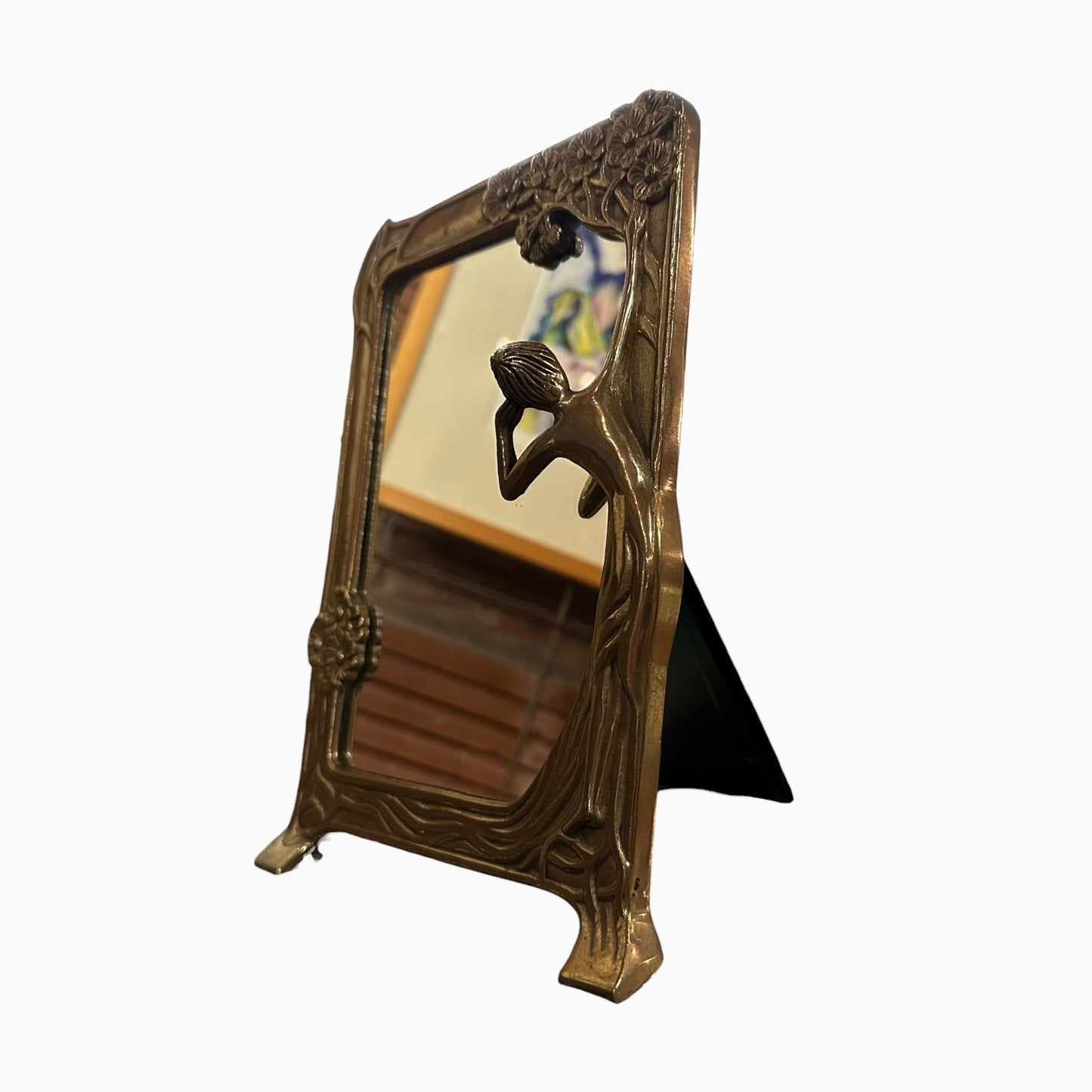 Art Nouveau Style Brass Table Mirror "The First Cuckoo"