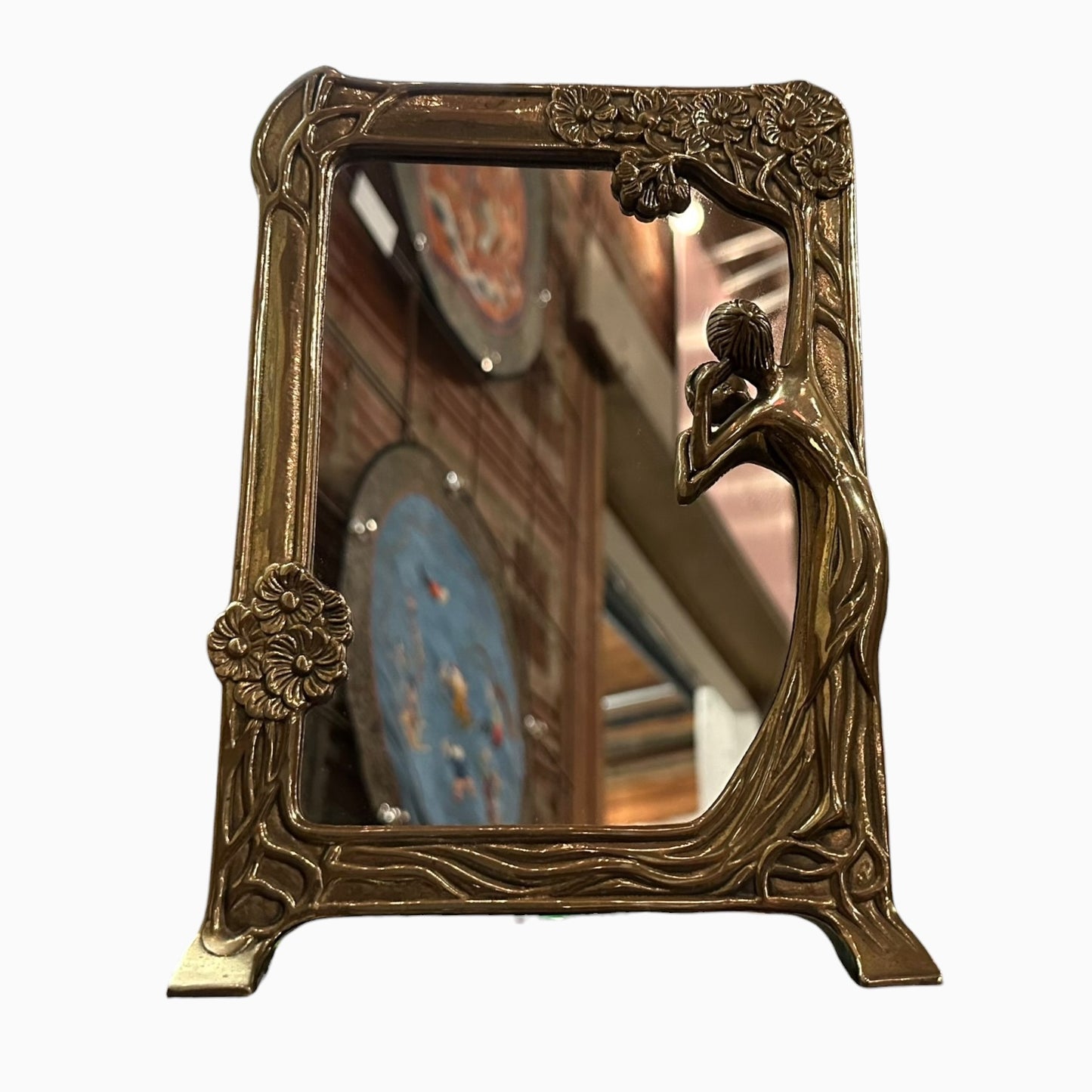 Art Nouveau Style Brass Table Mirror "The First Cuckoo"