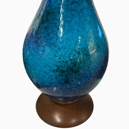 BLUE CERAMIC AND TEAK LAMP