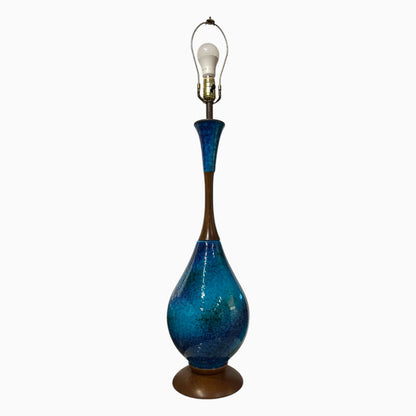 BLUE CERAMIC AND TEAK LAMP