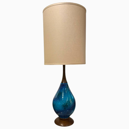 BLUE CERAMIC AND TEAK LAMP