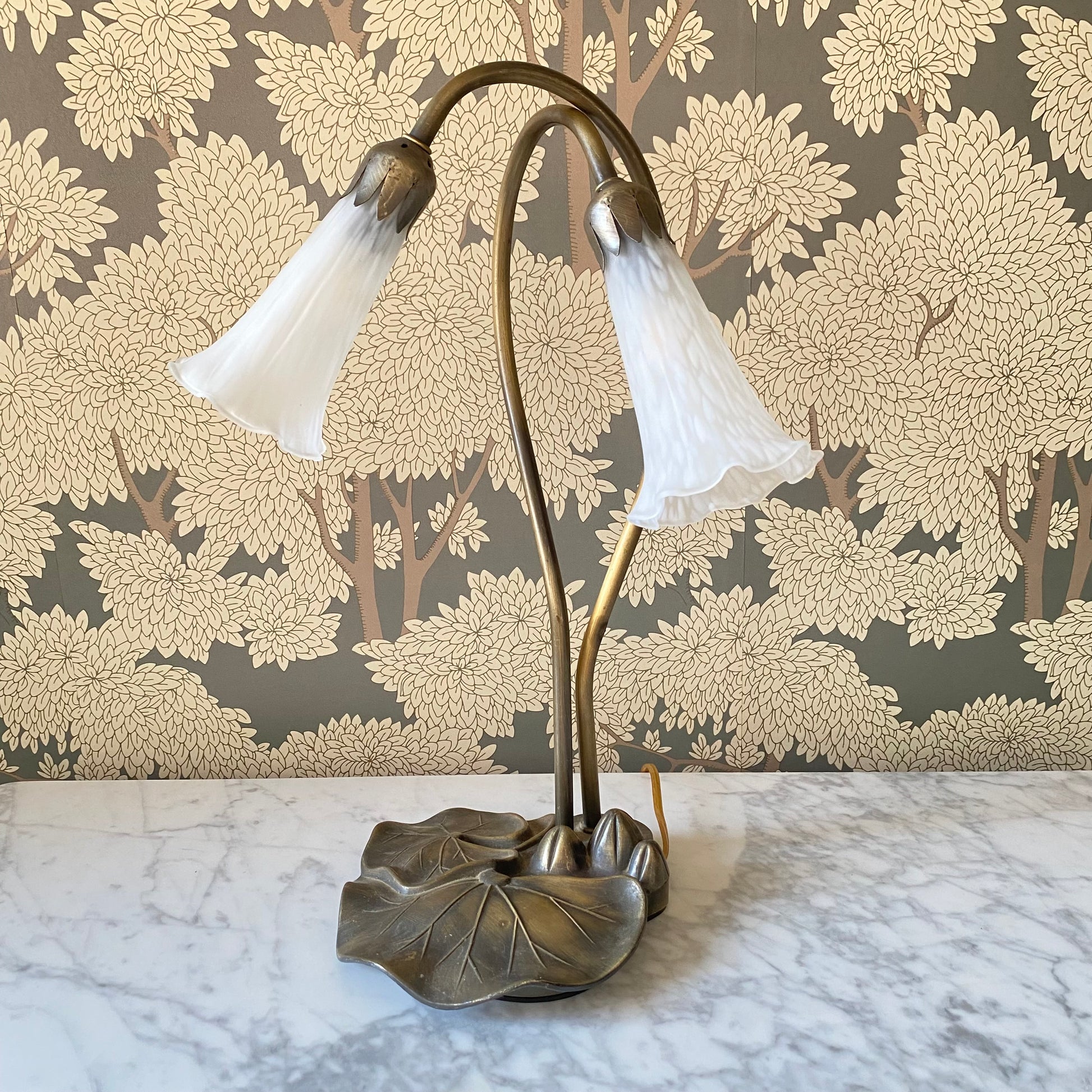 Vintage Double Gooseneck Lily Pad Lamp Metal Frosted Glass