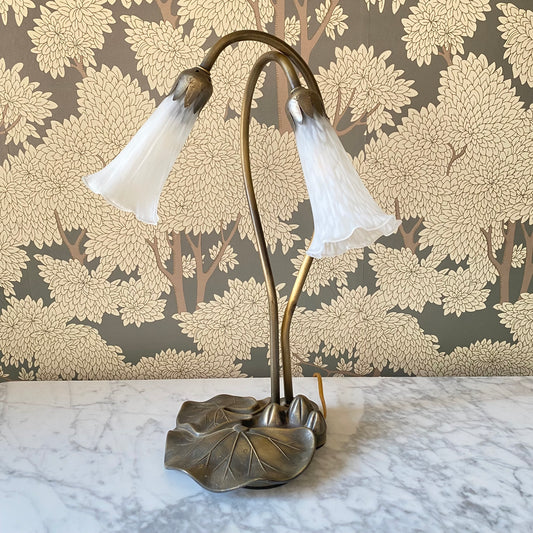 Vintage Double Gooseneck Lily Pad Lamp Metal Frosted Glass