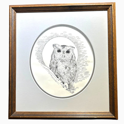 Vintage Framed Owl Pointillism Pen and Ink Drawing Sketch