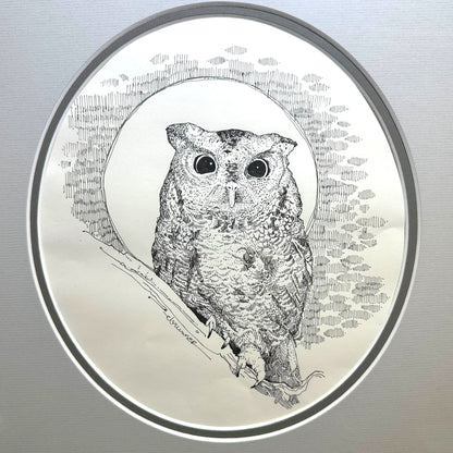 Vintage Framed Owl Pointillism Pen and Ink Drawing Sketch