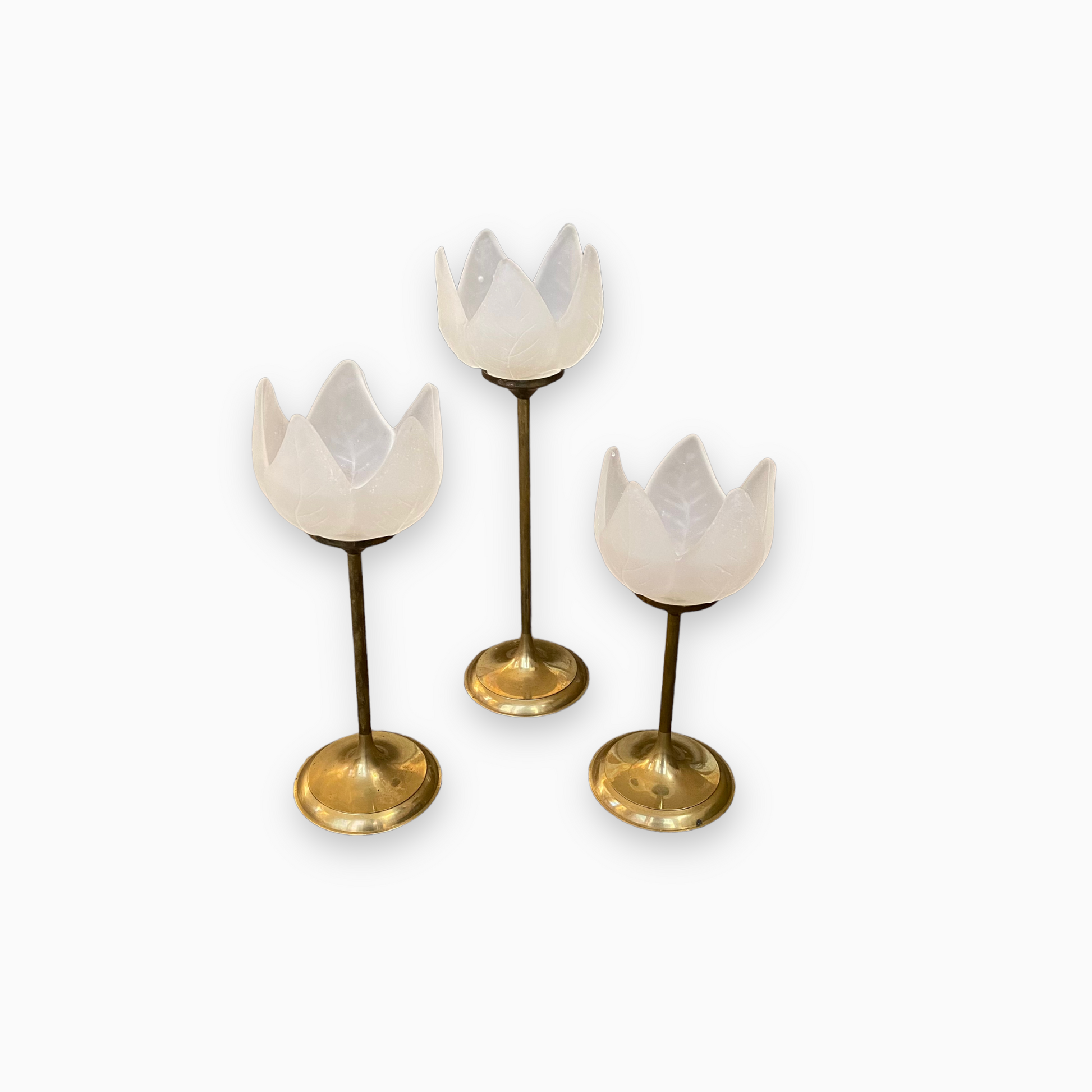 Set of Vintage Tulip Flower Candle Holders - Frosted Glass and Brass
