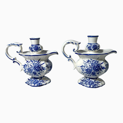 Vintage Blue and White Floral Pitcher Candleholders Pair