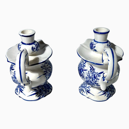 Vintage Blue and White Floral Pitcher Candleholders Pair