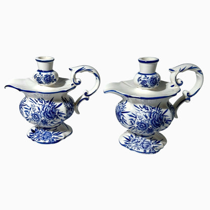 Vintage Blue and White Floral Pitcher Candleholders Pair