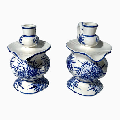 Vintage Blue and White Floral Pitcher Candleholders Pair