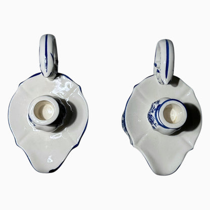 Vintage Blue and White Floral Pitcher Candleholders Pair