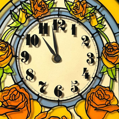 Vintage Stained Glass Floral Wall Clock 1970s 