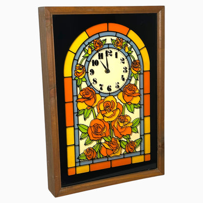 Vintage Stained Glass Floral Wall Clock 1970s 