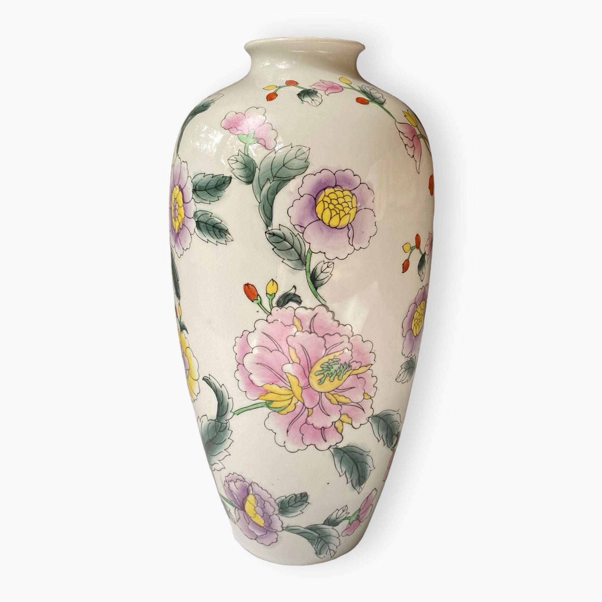 Vintage Tall White Hand-Painted Chinese Floral Vase 