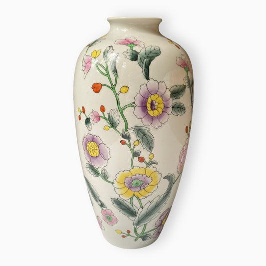 Vintage Tall White Hand-Painted Chinese Floral Vase