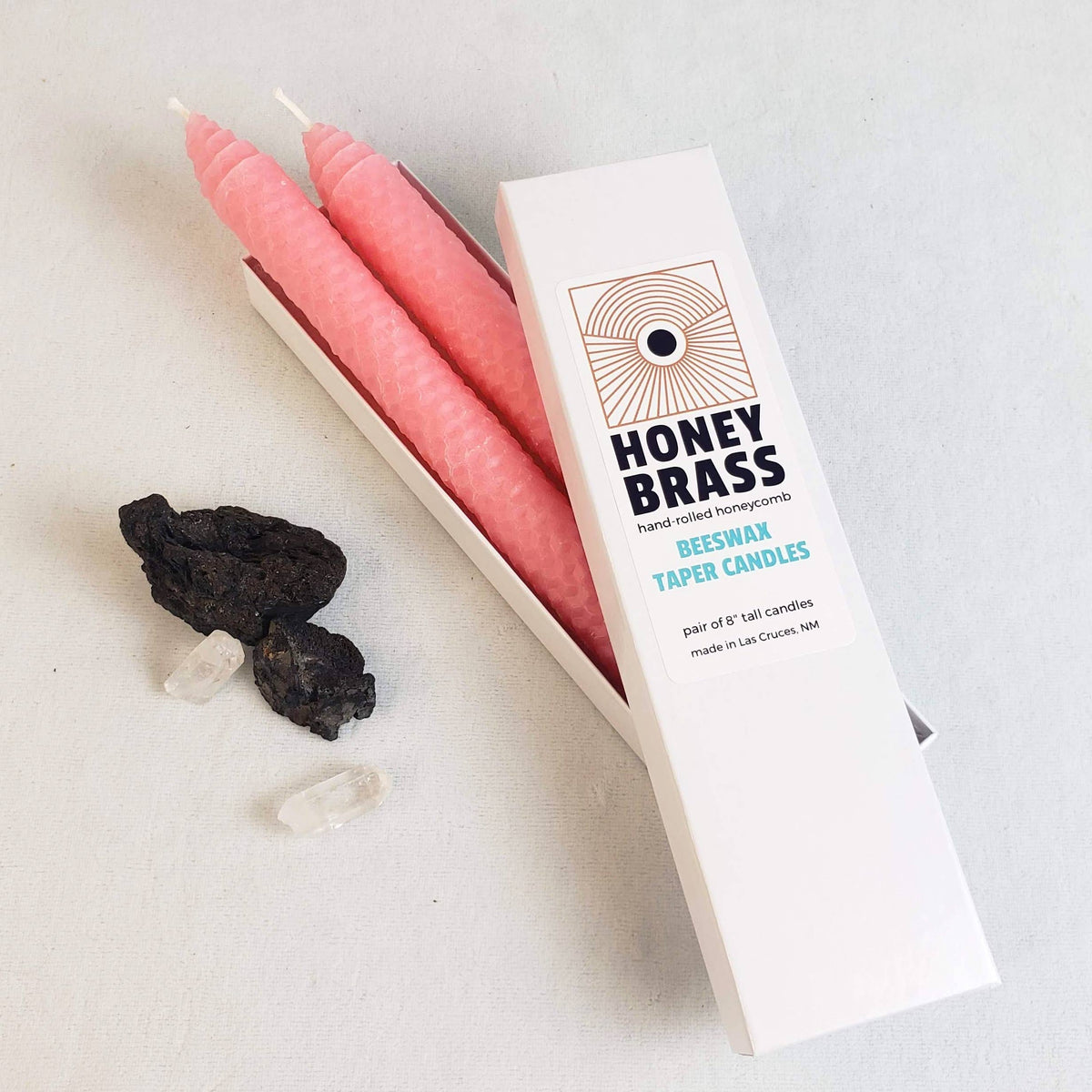HONEY BRASS -- CARNATION PINK BEESWAX TAPER CANDLES